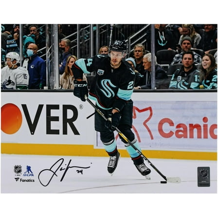 Jamie Oleksiak Seattle Kraken Autographed 11" x 14" Navy Jersey Passing Photograph - Fanatics Authentic Certified