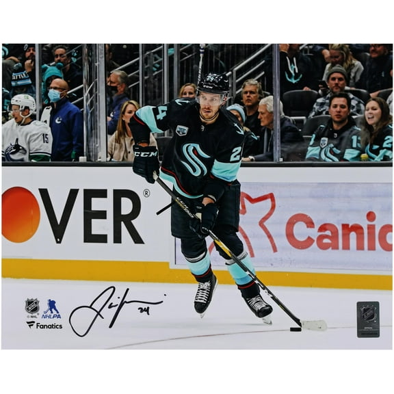 Jamie Oleksiak Seattle Kraken Autographed 11" x 14" Navy Jersey Passing Photograph - Fanatics Authentic Certified