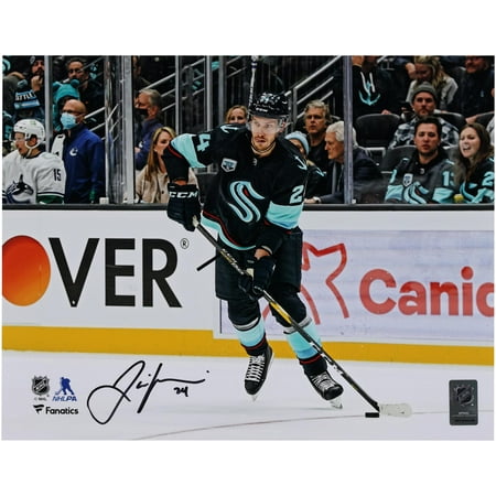 Jamie Oleksiak Seattle Kraken Autographed 11" x 14" Navy Jersey Passing Photograph - Fanatics Authentic Certified