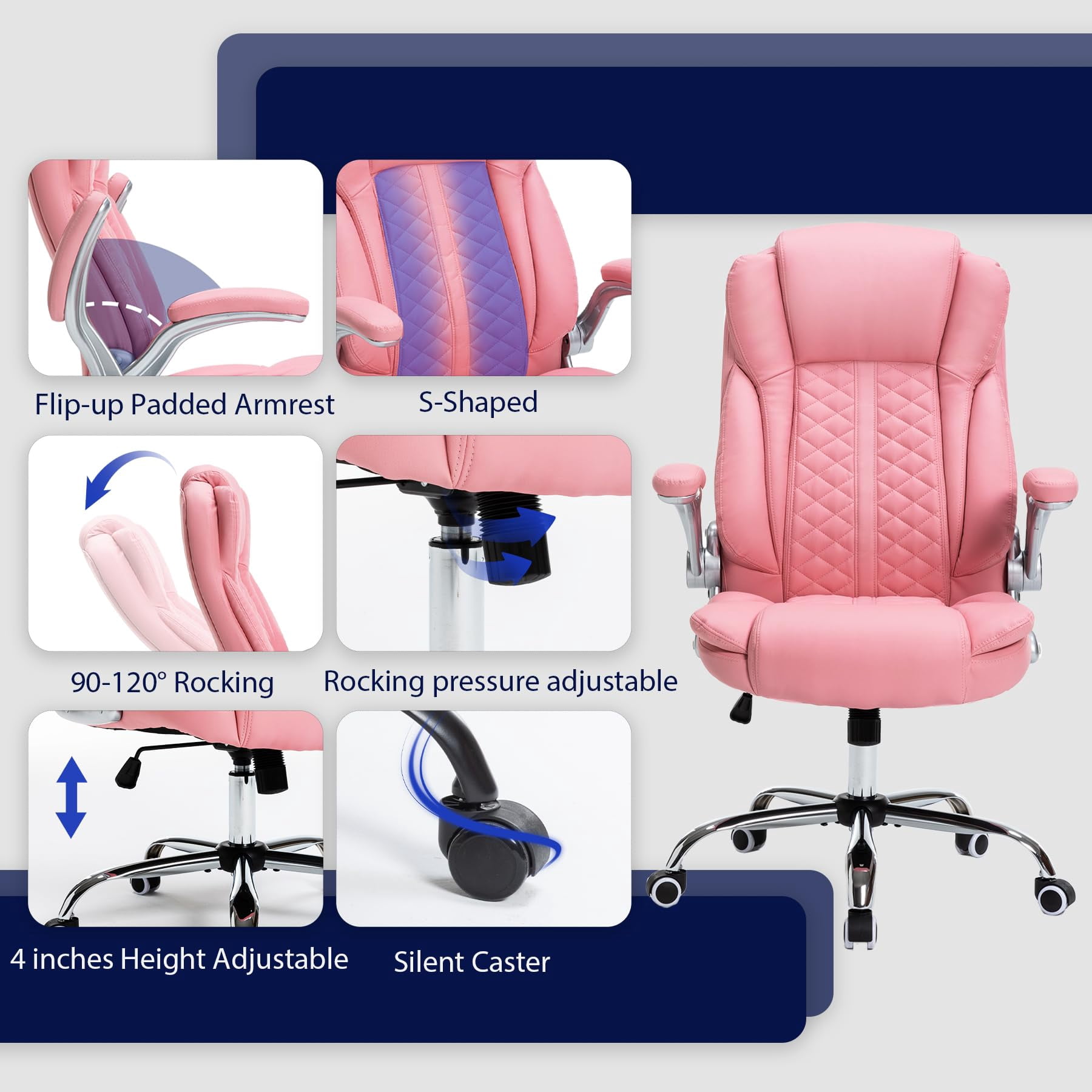 HESL Office Chair with Flip-Up Arms, Big and tall Office Chair with Rocking Mode, Desk Chair, Pink