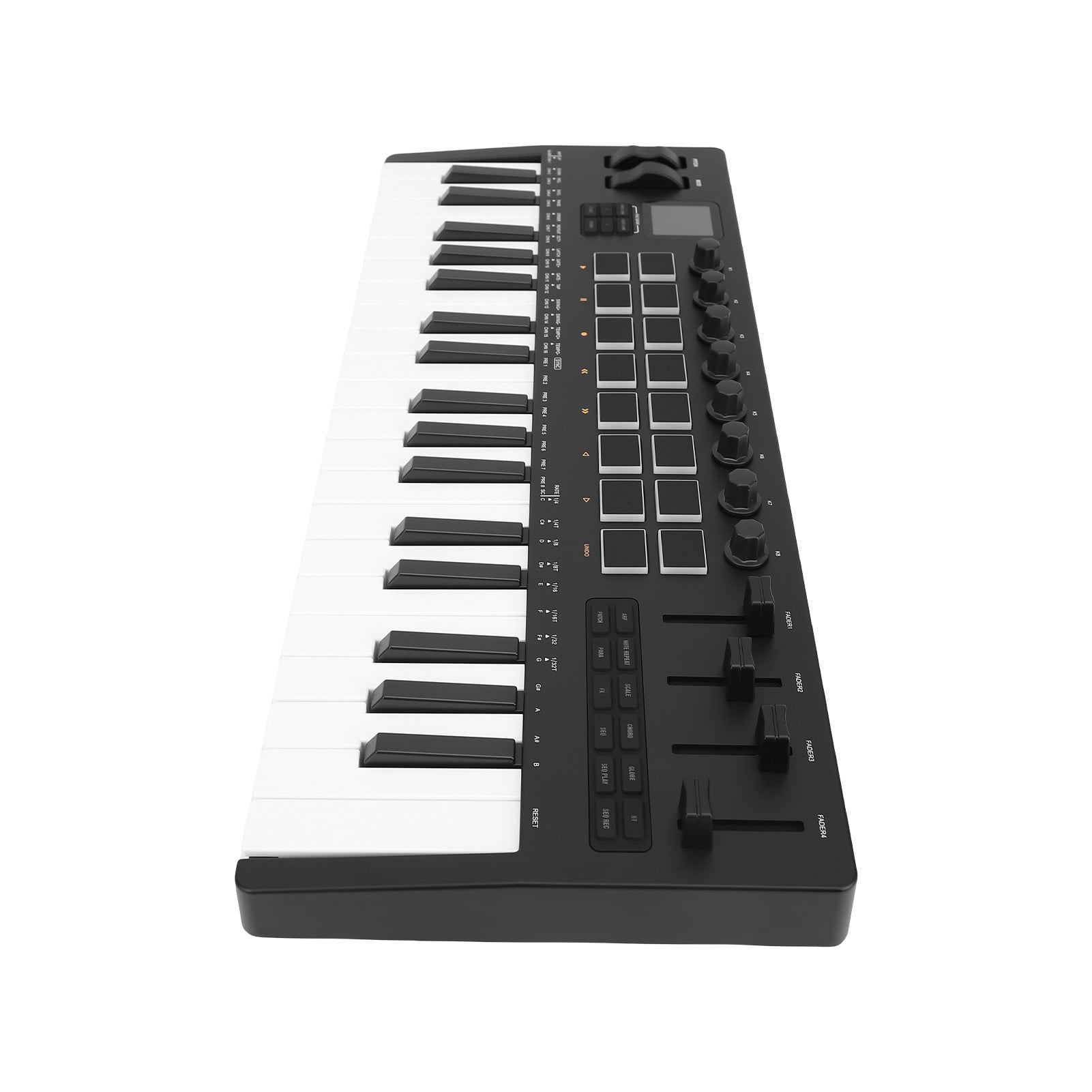 Backlit drum pad Keyboard M- 37 Key MIDI Keyboard Controller with 16 RGB Pads 8 Knobs 4 Faders Synthesizer Engine BT Wireless for Music Production PC