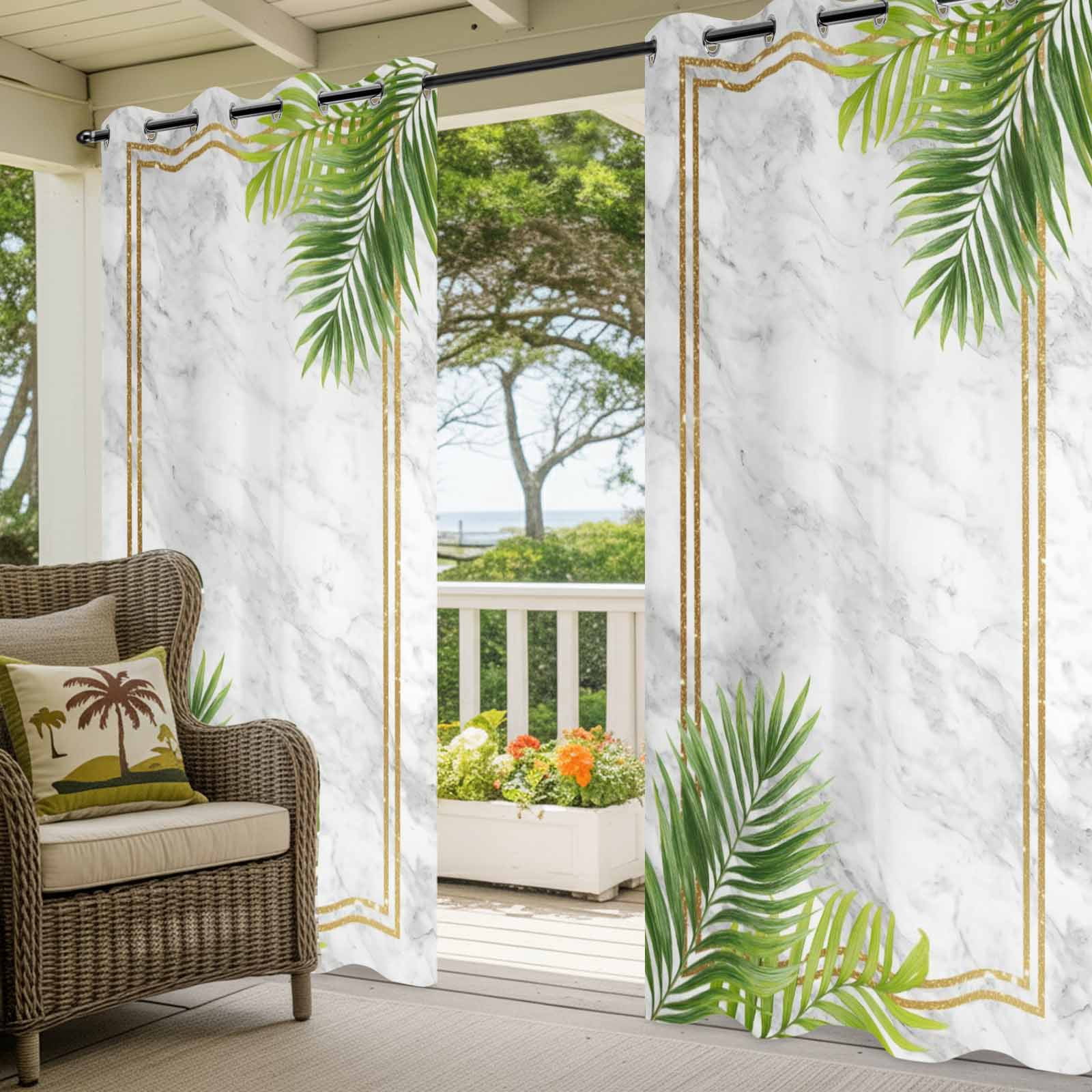 Tropical Palm Leaves Outdoor Curtains for Patio, Nature Coastal Summer Marble Sunshade Privacy Drapes Grommet Waterproof Outside Curtains for Porch/Cabana/Balcony 54"x 108", 1 Panel