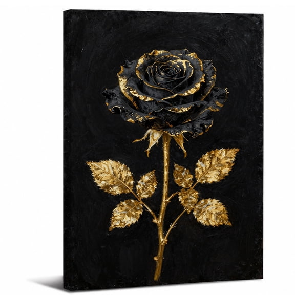 Framed Modern Black Rose Canvas Wall Art Decor,Gold Accent Floral Stem on Dark Background abstract canvas print for bathroom bedroom living room