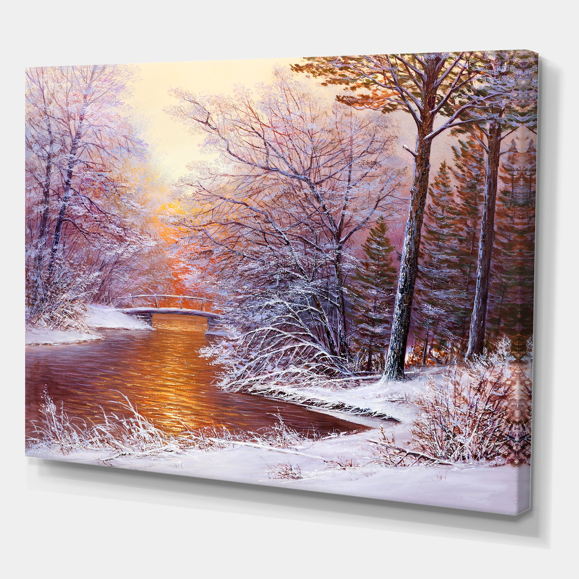 Designart ' Christmas Forest With Trees and River II ' Traditional Canvas Wall Art Print