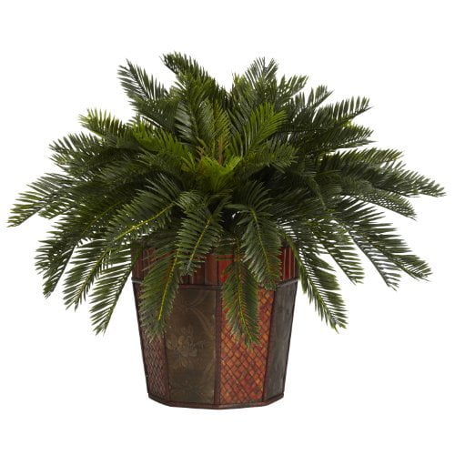 Nearly Natural 6654 Cycas with Octagon Vase Decorative Silk Plant, Green
