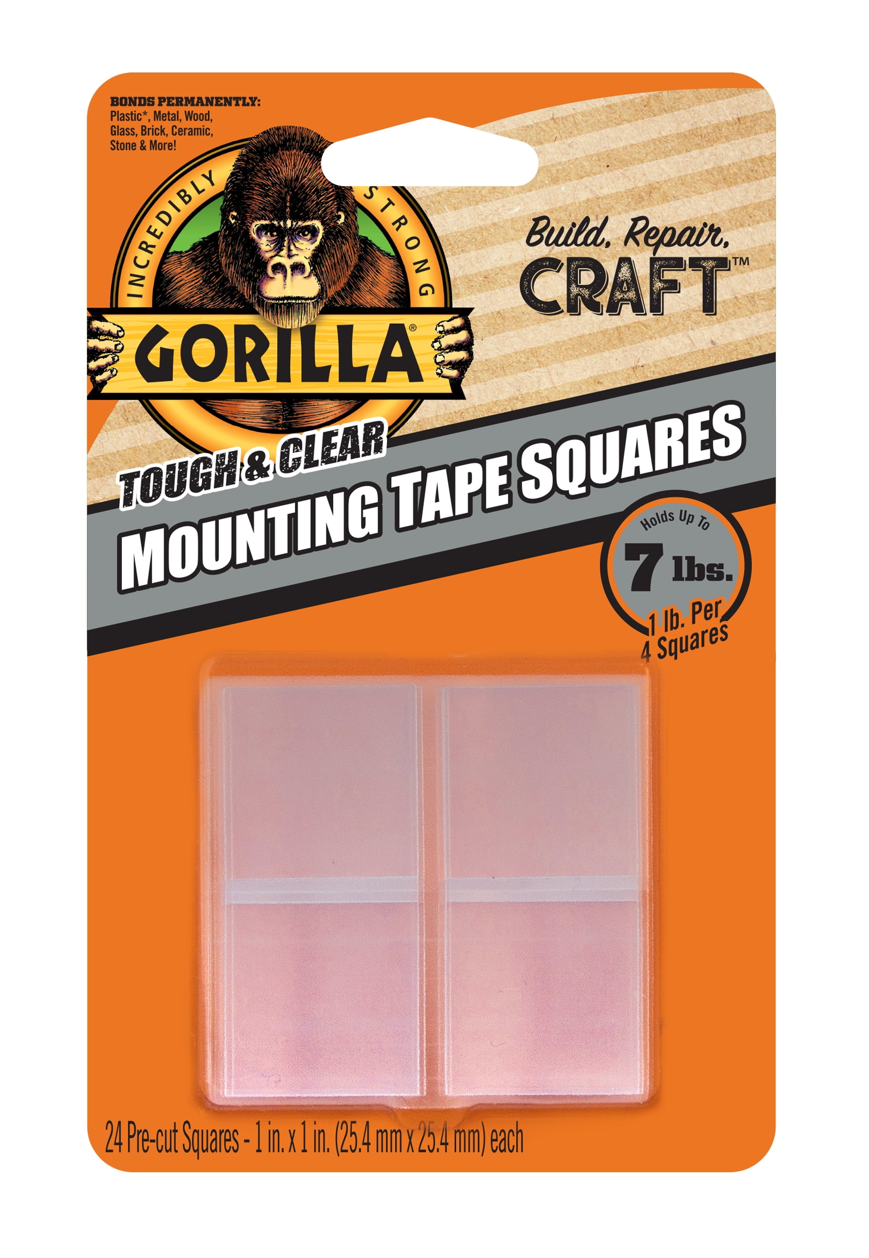 Gorilla Glue 1' Double-Sided Mounting Tape Squares, 24 Pre-Cut Pieces, Clear