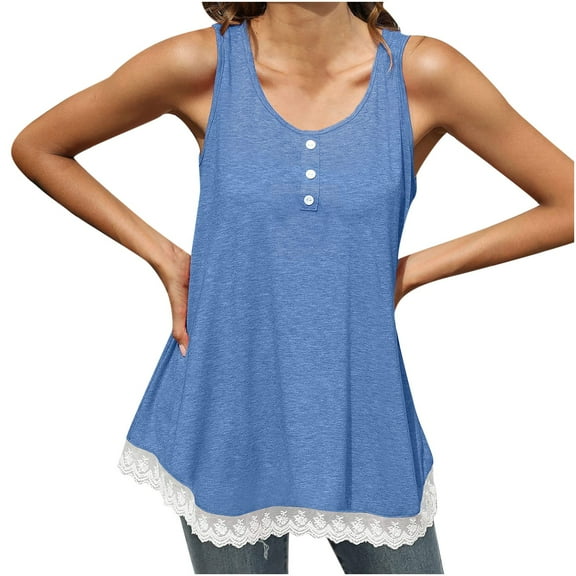 Scyoekwg Women Camisole Tank Top Crew Neck Lace Patchwork Button Tunic Tank Tops Sleeveless Tops Loose Ladies Tops Solid Color Comfy Sling Shirts Summer Casual Blouses (Blue,XXL)