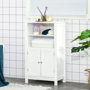 kleankin Bathroom Floor Storage Cabinet, Freestanding Linen Cabinet with Double Doors and 2 Adjustable Shelves, White