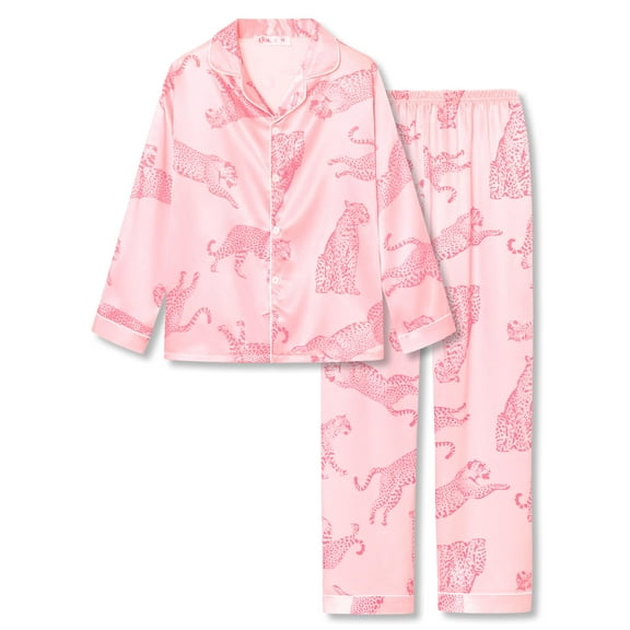 Topgal Trendy Big Girls Pink Leopard Animal Pattern Satin Pajamas Silky Button-Down Long Sleeves PJS for Teens Size 6/7