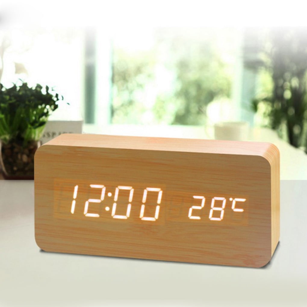 Wooden LED Alarm Clock with Temperature Sounds Control Electronic