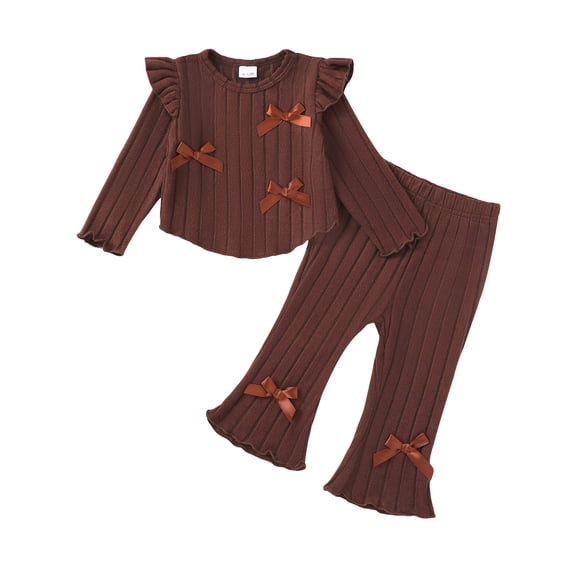2T Baby Girls Clothes 3T Girls 2PCS Fall Winter Outfits Set Cute Bowknot Toddler Girls Long Sleeve Top Pants Set Brown