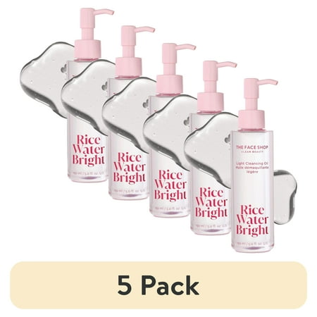(5 pack) The Face Shop Rice Water Bright Light Facial Cleansing Oil, Daily Makeup Remover, Oil Cleanser, Vegan, Korean Skin Care with Jojoba Oil, Face Pore Cleanser, 150ml E11