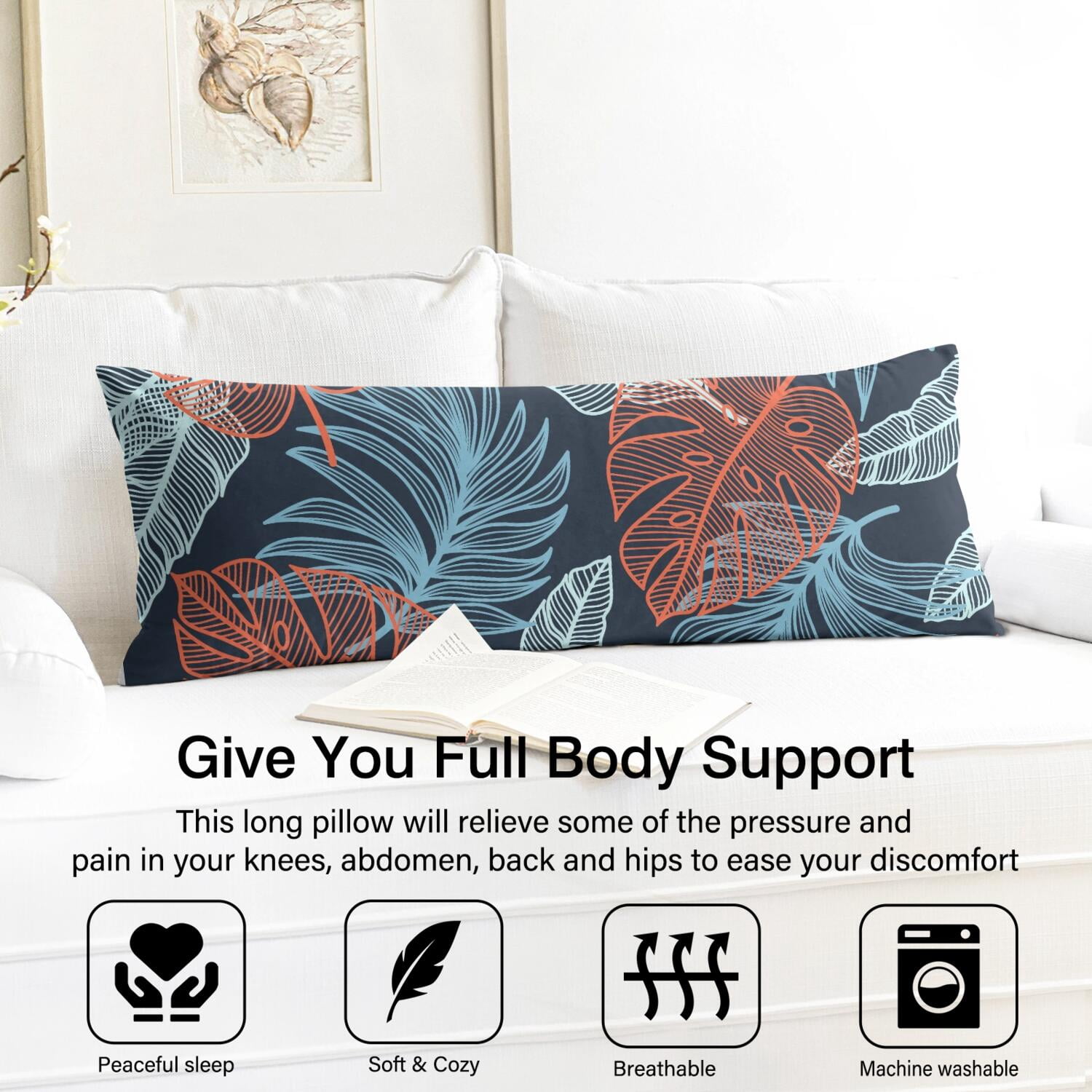 Aloha Body Pillow Cover 20x54 - Tropical Plant Print Full-Length Pillowcase - Stretchy & Durable Pillow Protector with Invisible Zipper