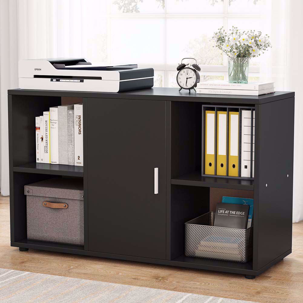 39.37L Black File Cabinet with Door Storage Cabinet and 4 Open Cubes Home Office 