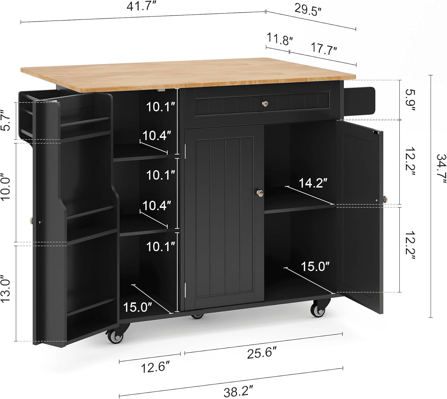 Noelse Rolling Kitchen Island Table with Storage, Drop Leaf Countertop, Kitchen Island with Wheels, Spice Rack & Towel Bar, Black