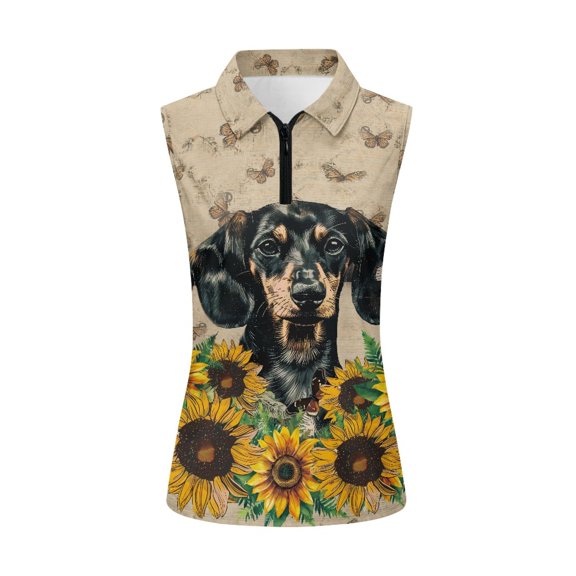 Whosucclay Sunflower Dachshund Golf Shirts Sleeveless Golf Tennis Shirts for Ladies, Casual Stretchy for Indoor Sports Running