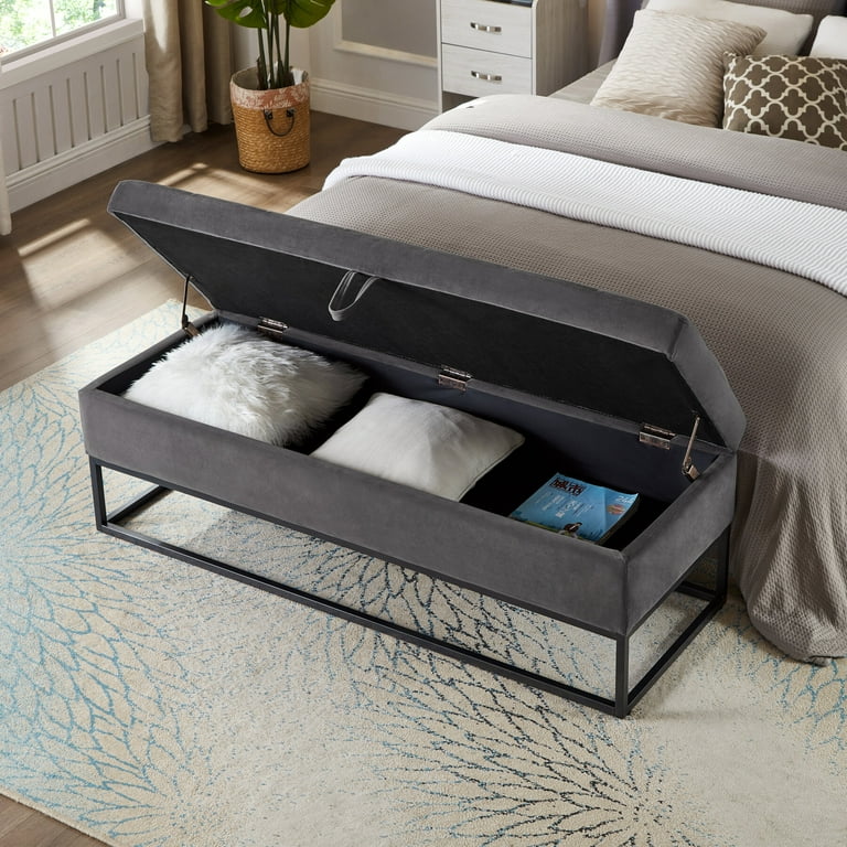 Velvet Storage Ottoman Bench 45.5" Gold Leg Upholstered Nailhead Trim Button Tufted Bed Foot Stool Home Living Room Navy