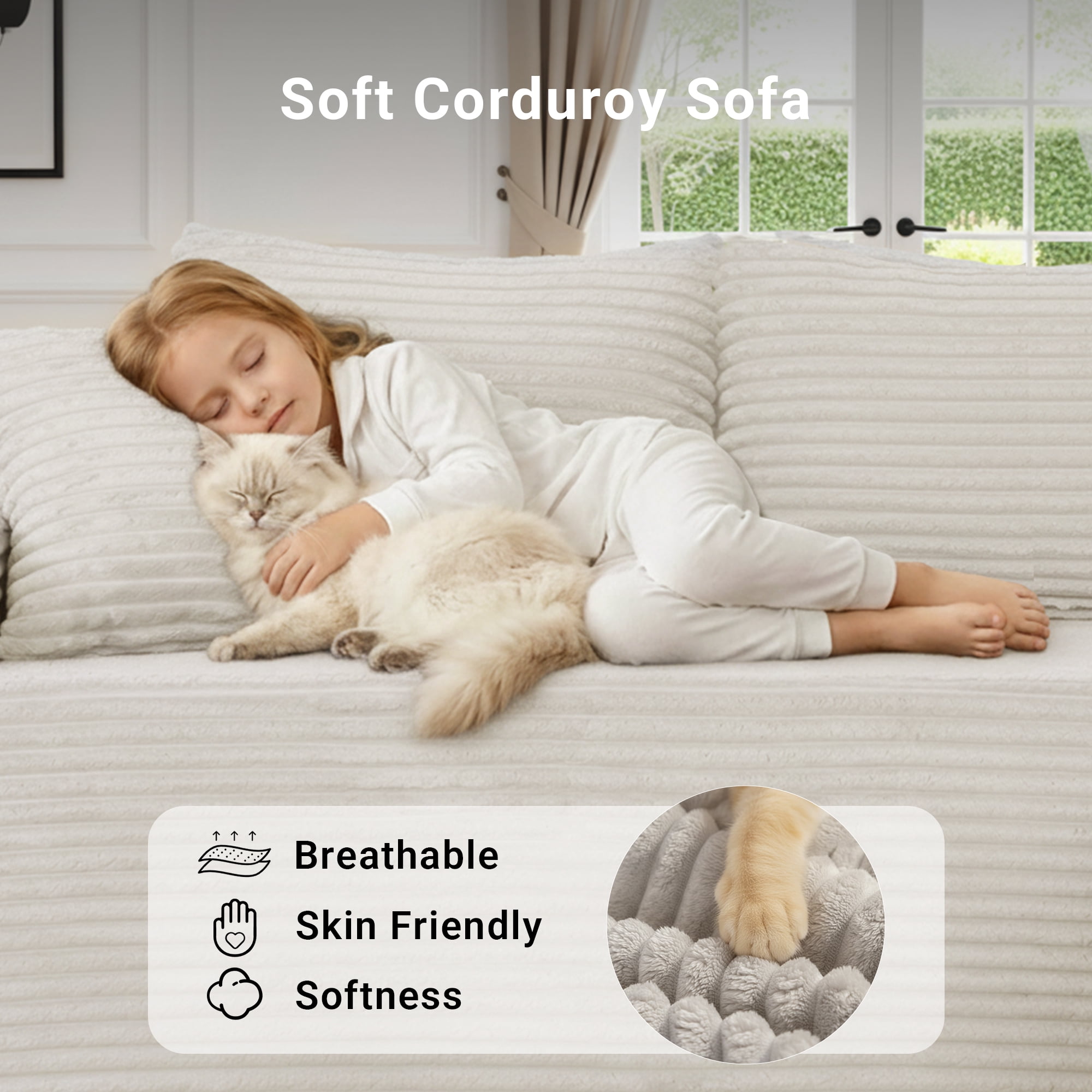 94" Boneless Sectional Sofa with Lounge, L-Shape Living Room Cloud Modular Convertible Sleeper Sofa, Corduroy Couch Deep Seat Sleeper Set,Bedroom Reversible Sofa W/Pillows,Beige,Right
