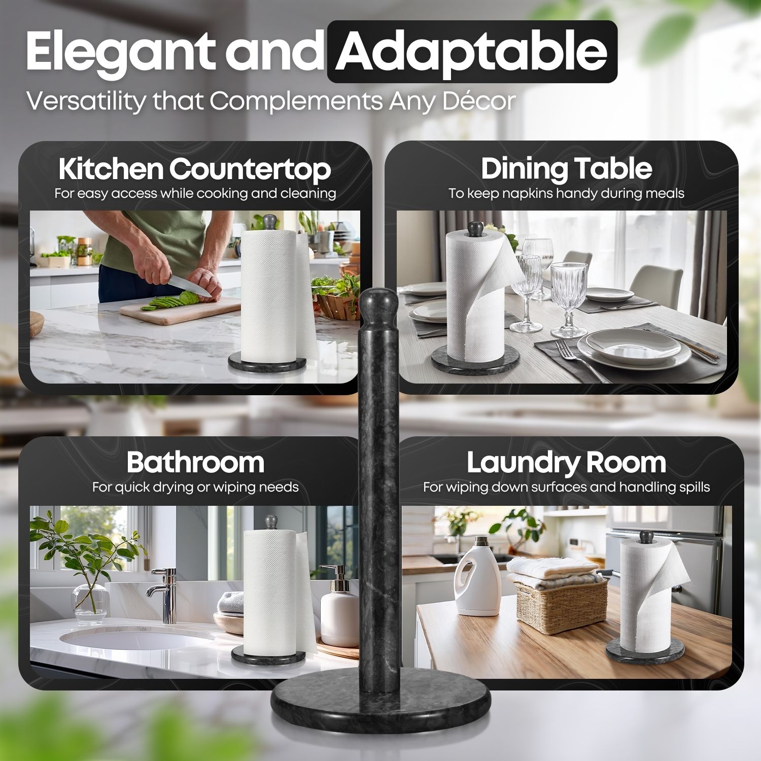 Marble Paper Towel Holder 12 inch (Black Marble) Kitchen Paper Towels Roll Dispenser Stand Rack with Marble Pole and Weight Base for Countertop Tables Home Dining Bathroom Storage