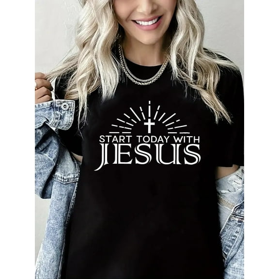 Women Christian T-Shirts Jesus Cross Graphic Shirt Casual Loose Crew Neck Top