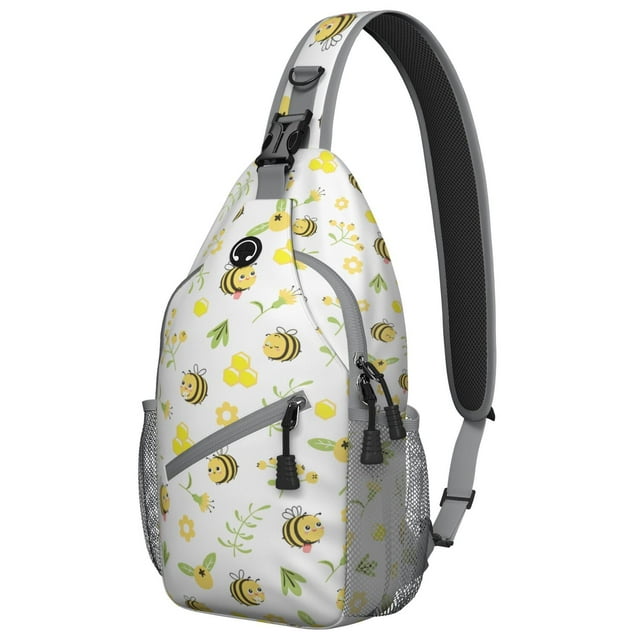 Bee Print Design Sling Backpack, Honeybee Lover Crossbody Bag with Honeycomb Pattern, Cute Cartoon Bee Gift Bag