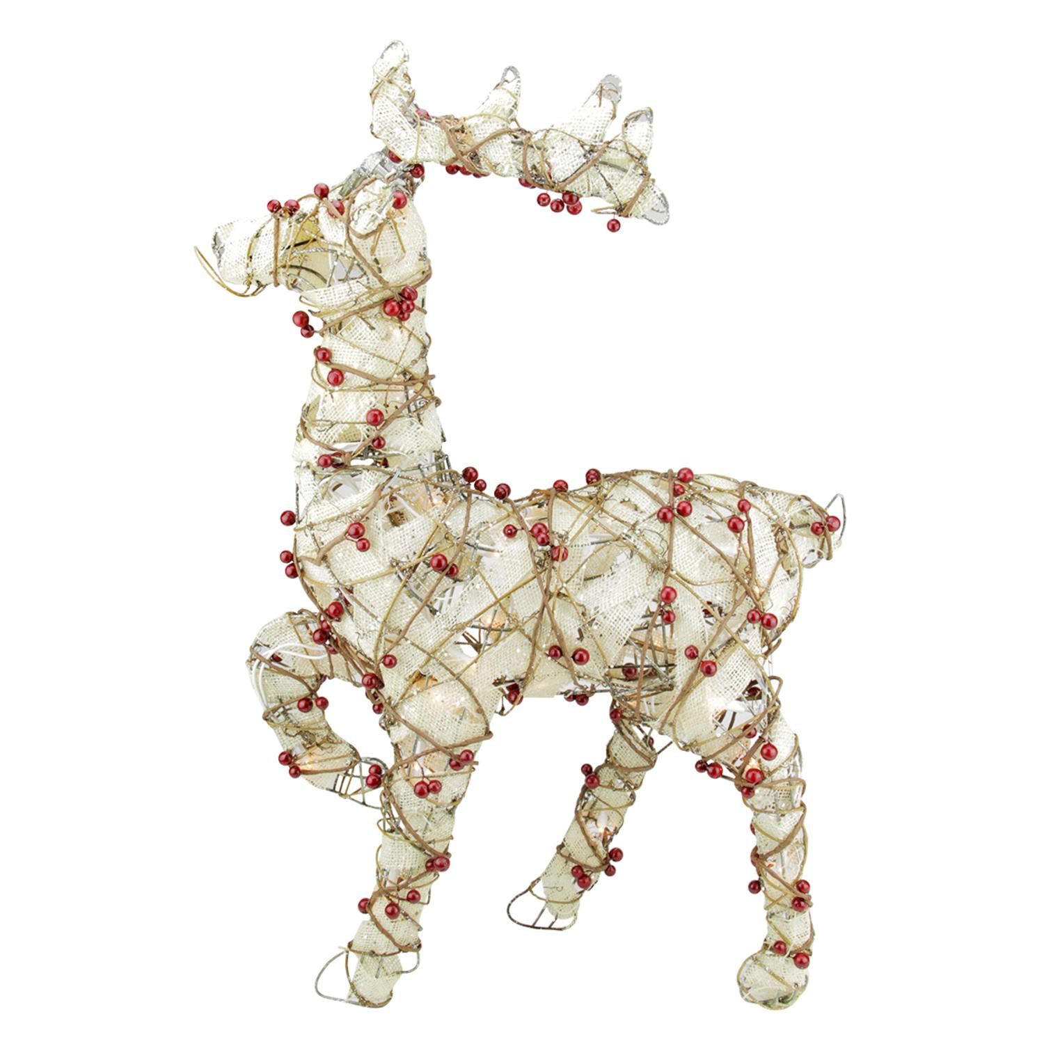 28 Lighted Standing Burlap And Berry Rattan Reindeer 28 Lighted Standing Burlap And Berry Rattan Reindeer Outdoor Decoration