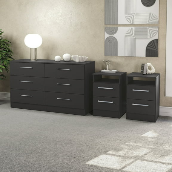 Kappesberg Liden Modern 3-Piece Black Bedroom Set with 50" W Dresser & 2 Nightstands - for Adults and Teens