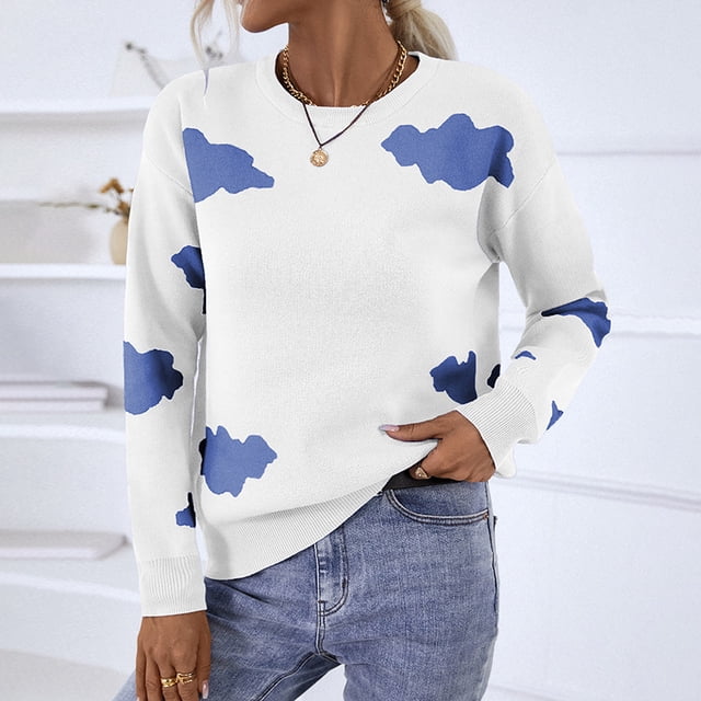 REDHOTYPE Femmes Col Rond Tricoté Pull à Manches Longues Pull en Vrac Casual Cloud Print Hauts