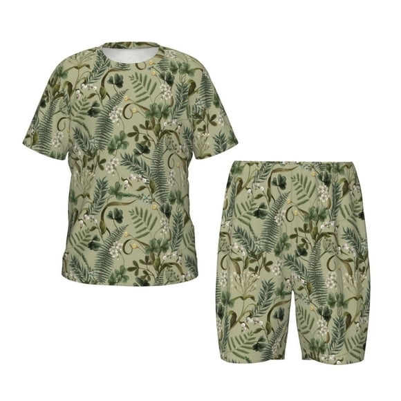 Balery Tropical Plants Green Conjunto de Pijama Infantil de Manga Corta con Estampado – Ropa de Dormir de Algodón Suave-Large