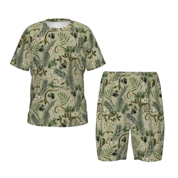 Balery Tropical Plants Green Conjunto de Pijama Infantil de Manga Corta con Estampado – Ropa de Dormir de Algodón Suave-Large