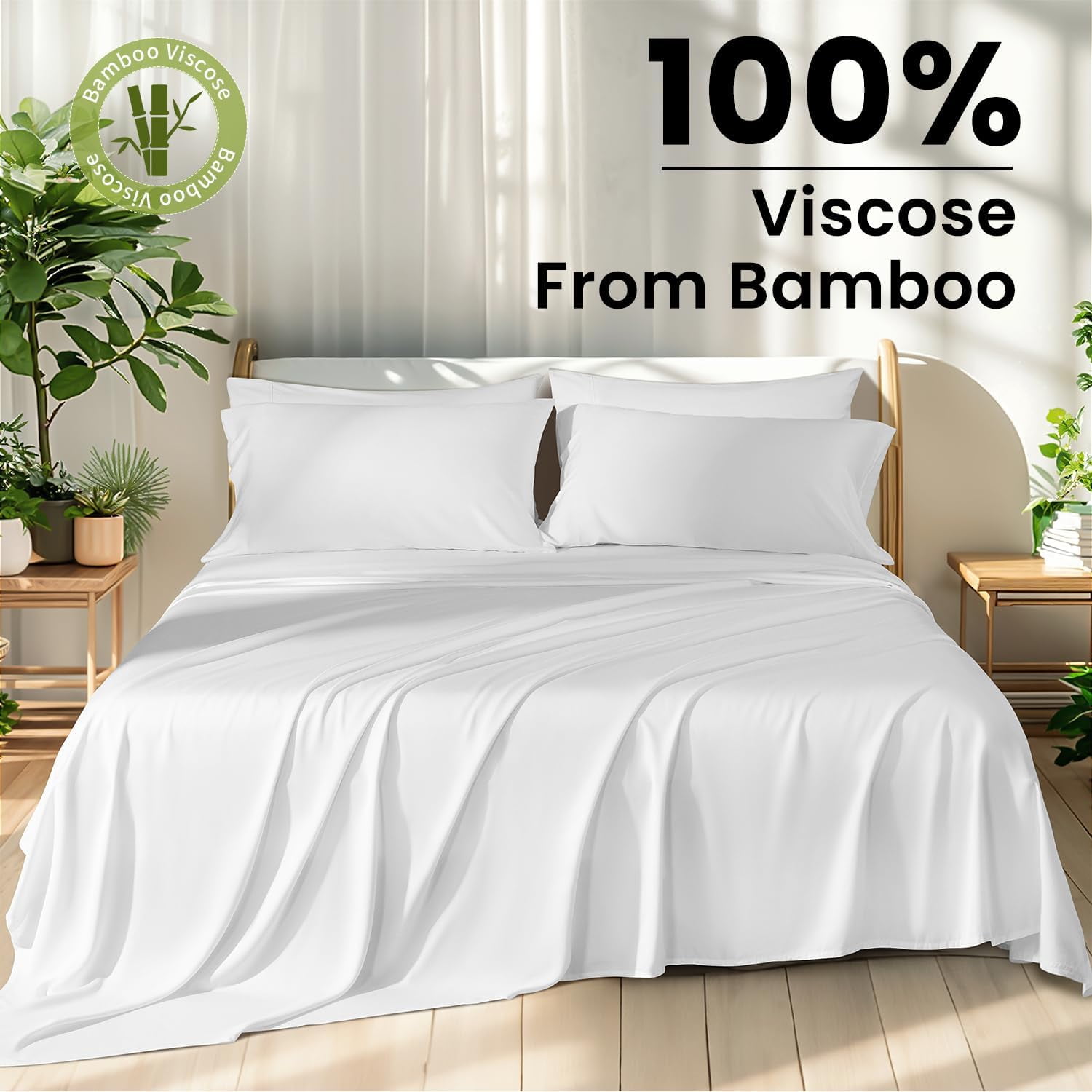 100% Viscose Derived from Bamboo_ Sheets Queen Size 6pcs - Ultra Cooling & Silky Soft Bed Sheets, 16" Deep Pocket, Perfect for Hot Sleepers, Hotel Bedding Sheets (White)
