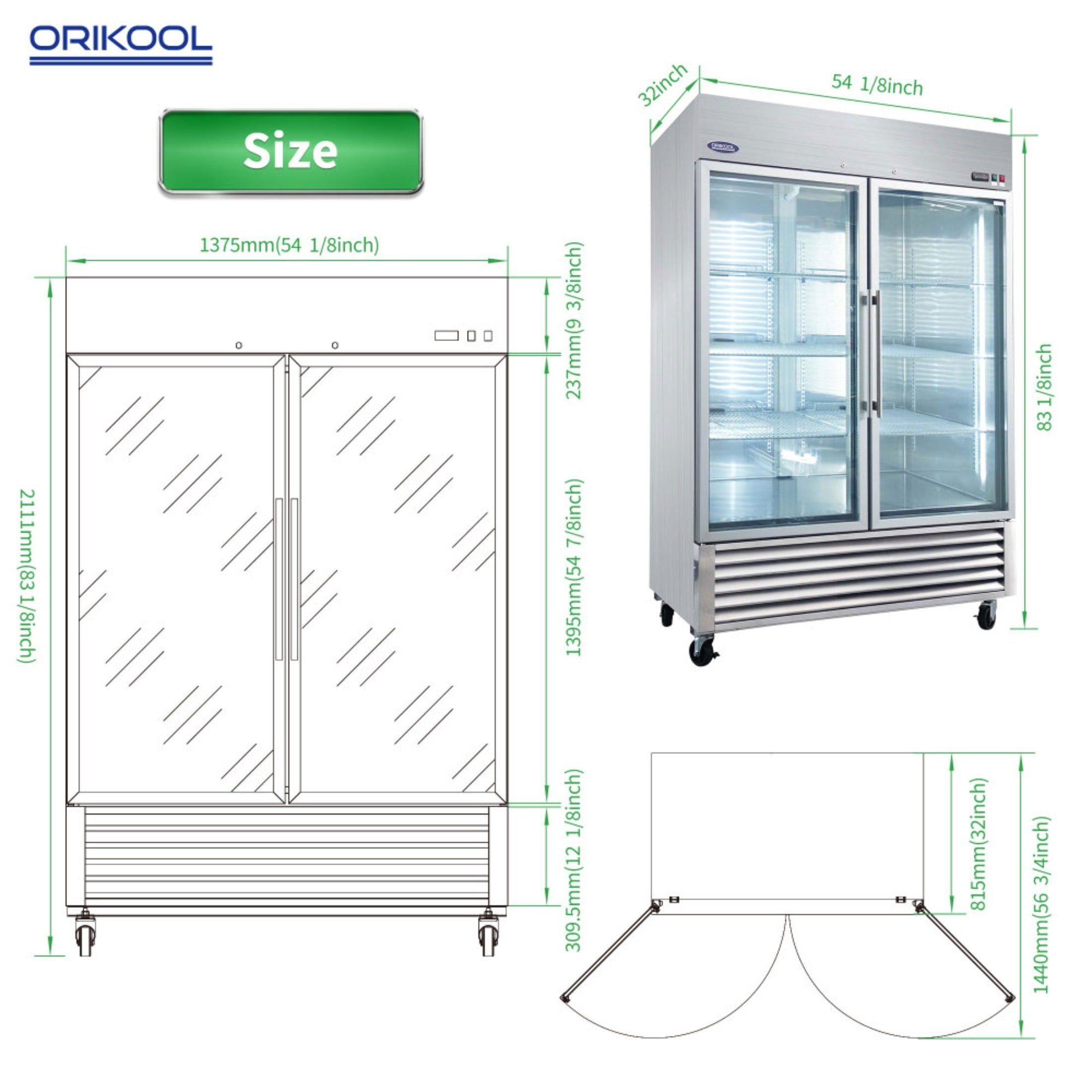 54" Commercial Display Refrigerator Swing Glass Door 49 Cu.ft Stainless Steel Reach-in Merchandiser Refrigerators with LED Lighting