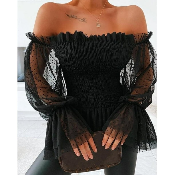 Womens' Sexy Off Shoulder Blouse Women Mesh Flare Sleeve Shirts Summer  Fashion Sheer Long Sleeve Lace Frill Blouser Tops