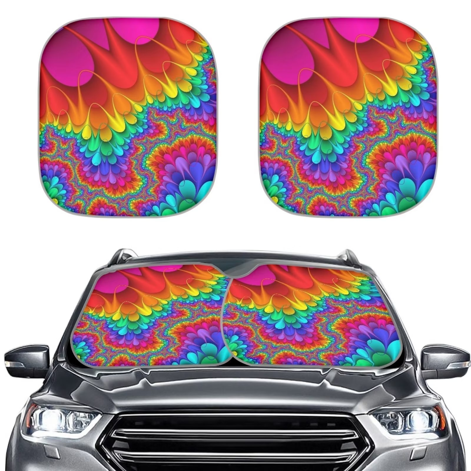 FKELYI Bright Tie Dye Car Accessories Sunshade 2Piece Windshield Washable Sun Visor Shield
