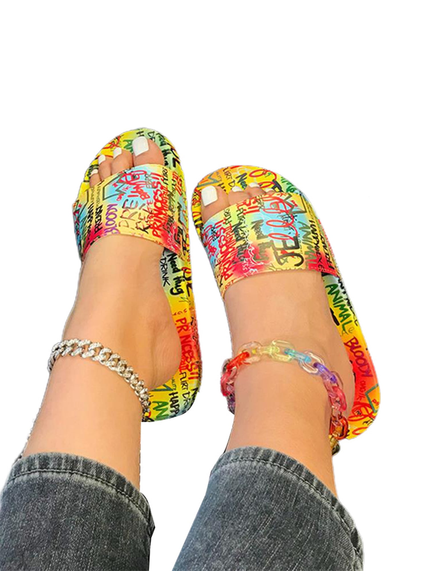 Yellow Graffiti DJ Back Slippers Home Slip-On Sandals Flat Sleeppers Shoes Custom Flip-Flops Adults 