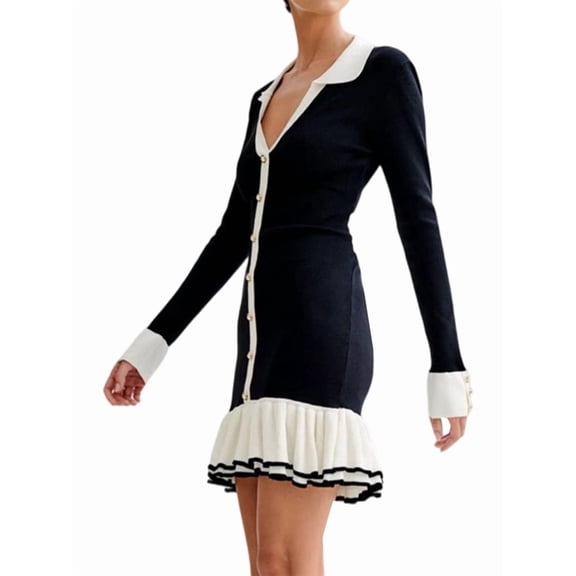 Women'S Long Sleeve Ruffle Hem Knit Sweater Dress Collared Back Tie Knot Cut Out Mini Bodycon Dress