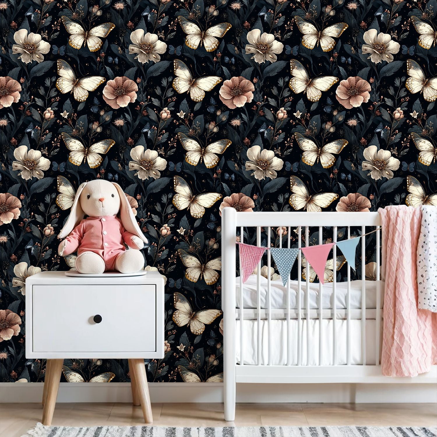 Peel and Stick Wallpaper Elegant Butterflies Floral Dark Wall Mural 23.6in x 9.8ft Self Adhesive Removable Wall Paper Renter Friendly Wallpaper for Nursery Bedroom Cabinets