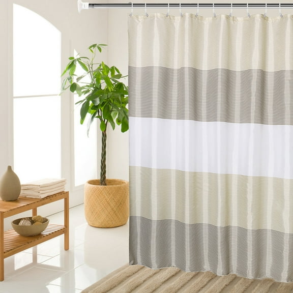 Stall Shower Curtain Tan for Bathroom, Gold Beige Gray White Neutral Stripes Cloth Fabric Set with 6 Hooks, 36" W×72" H Inch