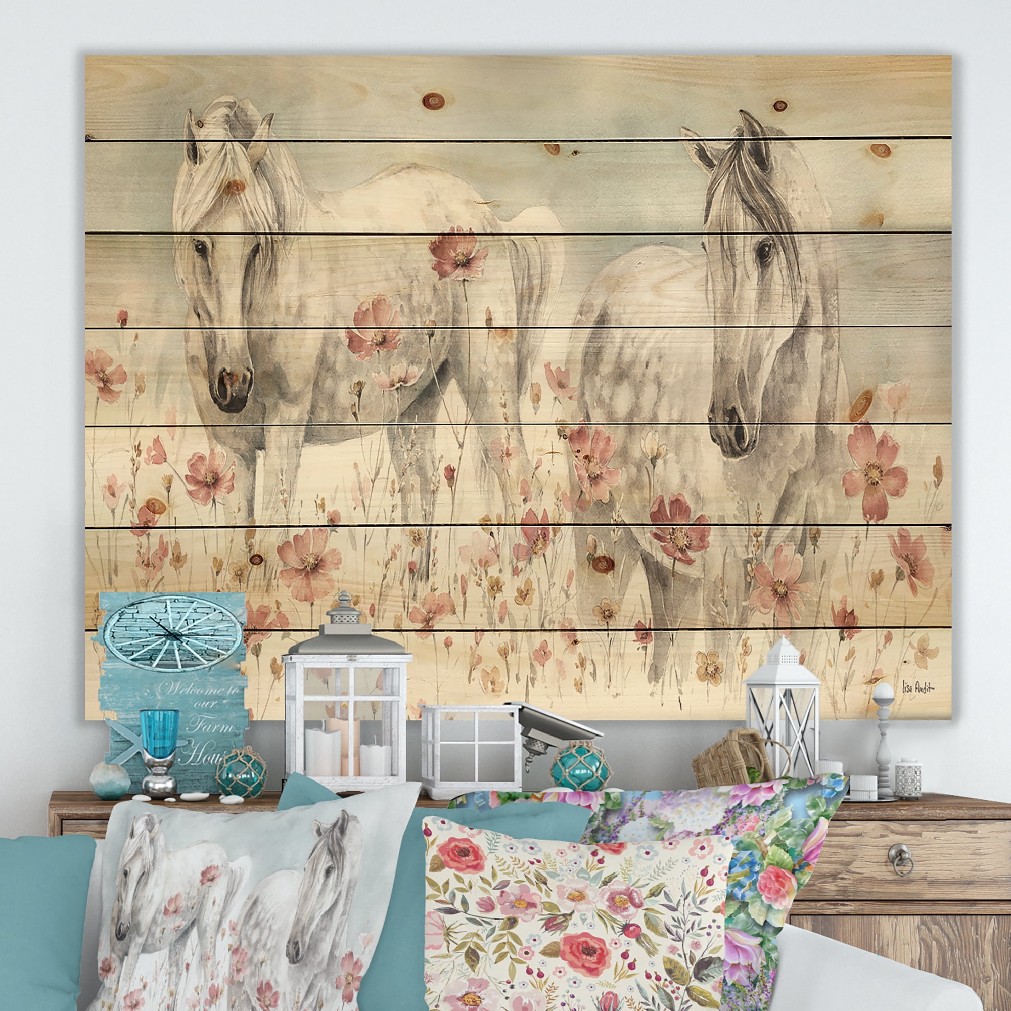 Designart 'Watercolors Pink Wild Horses ' Farmhouse Print On Natural Pine Wood