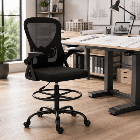 Danrelax Tall Drafting Chair, Ergonomic Mesh Office Chair with Flip-Up Arms, Adjustable Footrest Ring, Lumbar Support and Wheels, Black