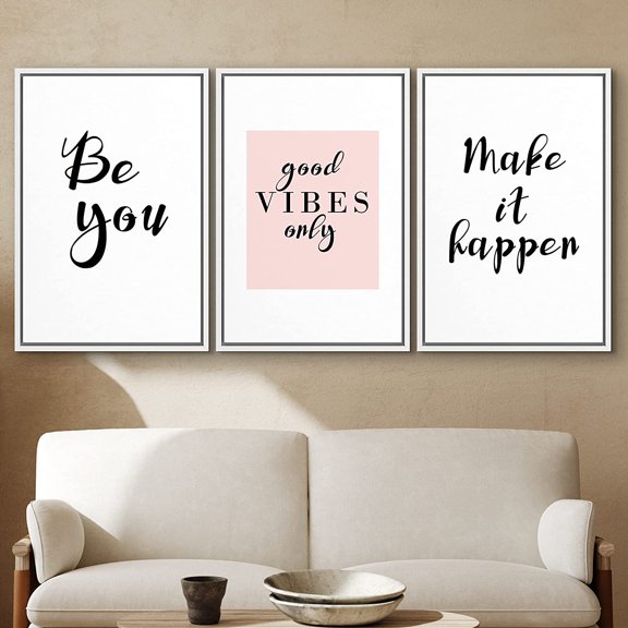 PixonSign Framed Wall Art Print Set Good Vibes Word Art Inspirational Motivation Typography Modern Art Chic Expressive Cool Black and White for Living Room, Bedroom, Office - 24"x36"x3 White