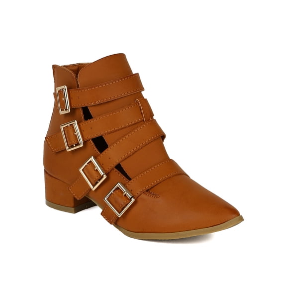 Nature Breeze BK52 Women Leatherette Strappy Cut Out Pointy Toe Ankle Bootie