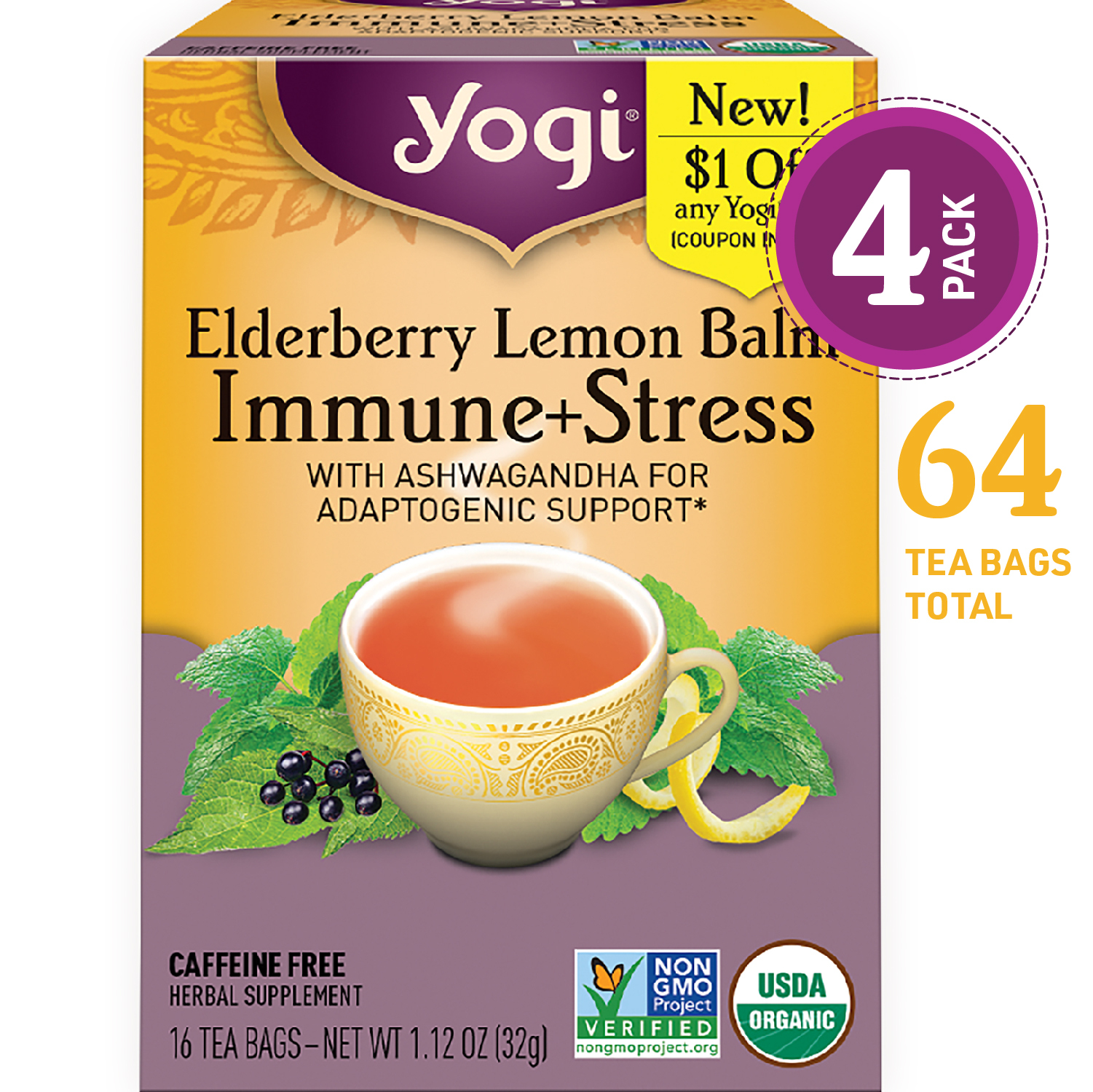 Yogi Tea Elderberry Lemon, Herbal Tea Bags, 16 Ct, 4 Pk