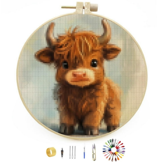 Cute Highland Cow Baby DIY Stamped Cross Stitch Kits Easy for Beginners with Hoop 11CT Counted Embroidery Needlepoint Crafts Arts for Handmade Enthusiasts and Home Decor 30x30cm(10)