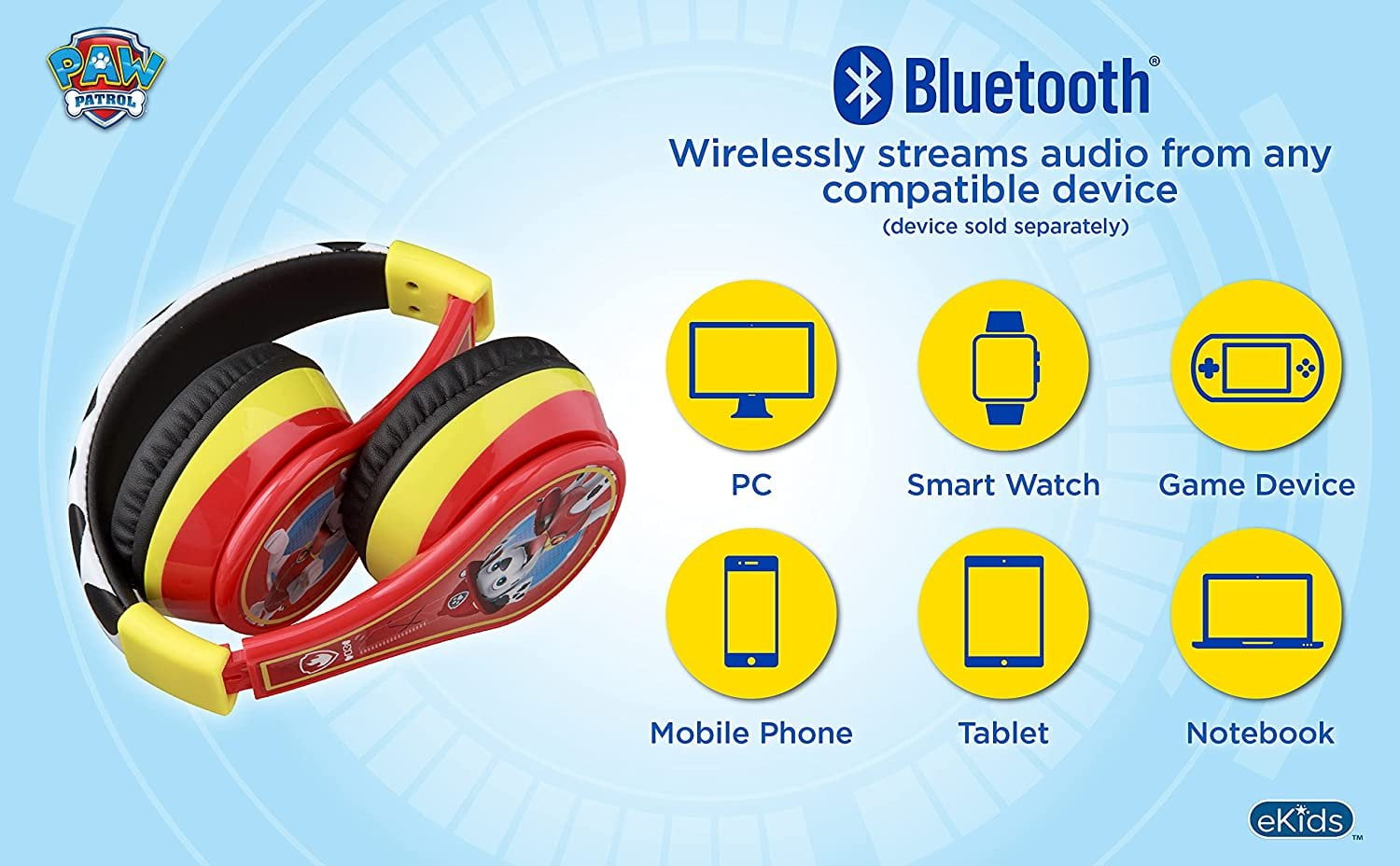 ekids Paw Patrol Bluetooth Headphones for Kids, Wireless Headphones with Microphone