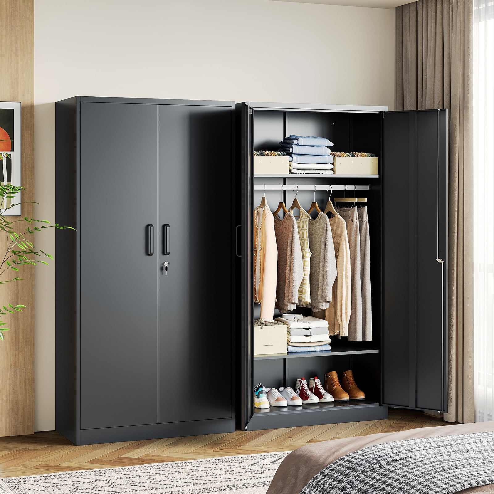 STANI Metal Armoire Closet with Lock, 72" Tall Wardrobe Cabinet with Hanging Rod,Black Steel Clothing Locker Storage for Home,Bedroom,Office,Employee