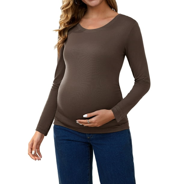 INSPIRE CHIC Camisetas de Maternidad con Fruncidos para el Día de la Madre de Mujeres, Camisas de Manga Larga, Blusas Casuales, Camiseta Básica, Ropa 2025 X-Large Café
