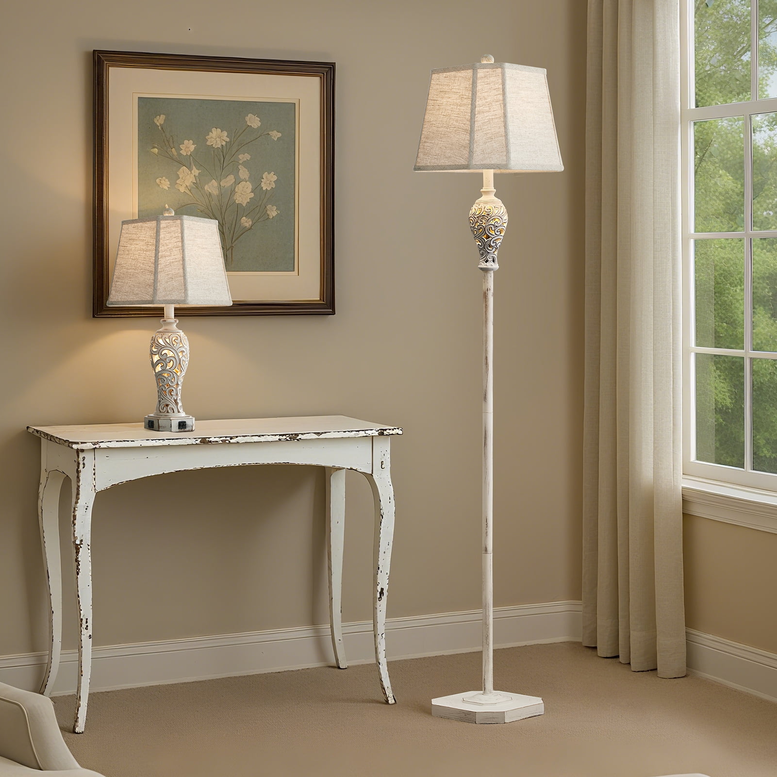 RORIA 65" Living Room Floor Lamp with Night Light, Openwork Resin Vintage Farmhouse Standing Lamp with Octagonal Linen Shade, Suitable for Bedrooms and Offices (Beige)