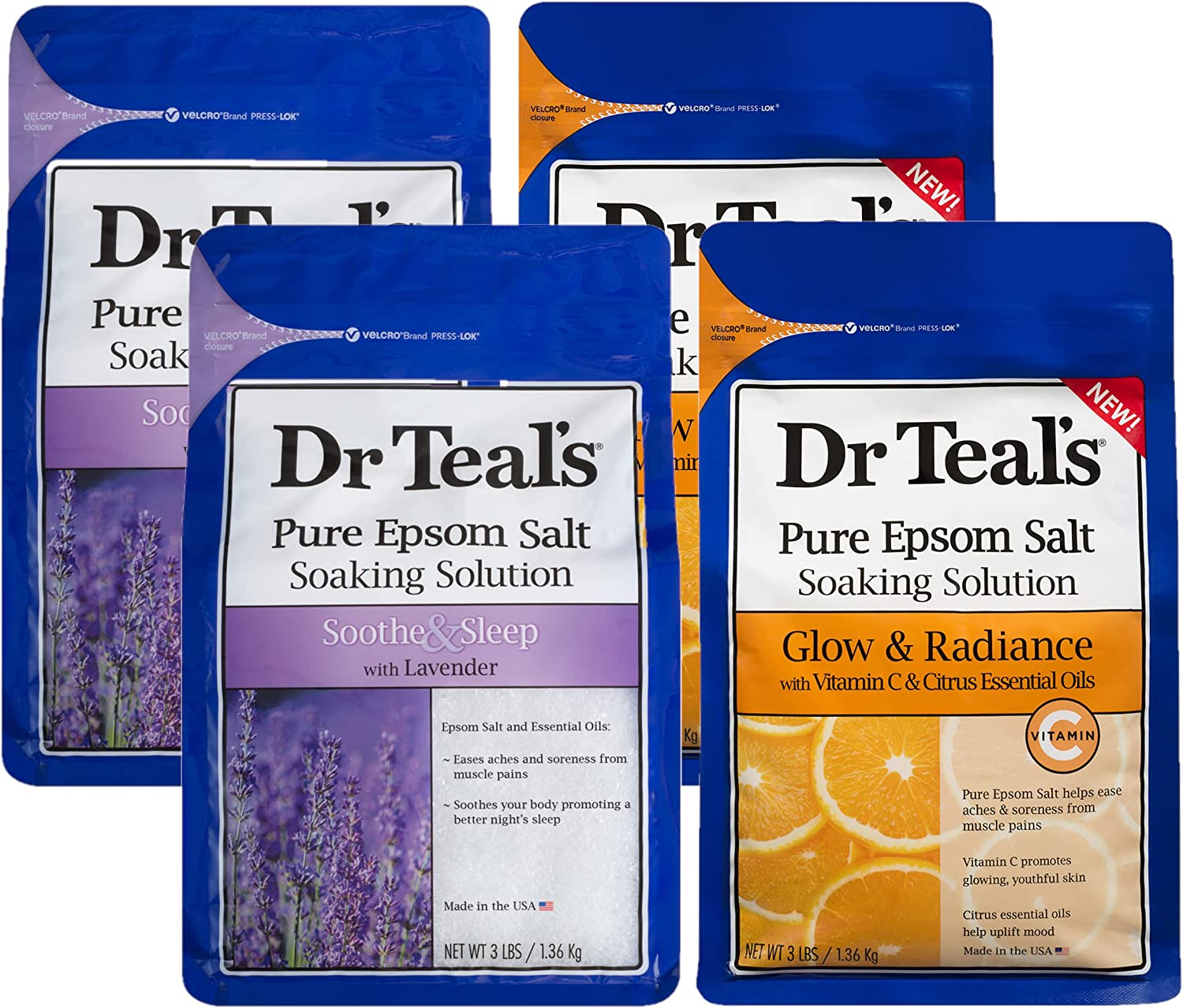 Dr Teal's Epsom Salt Bath Combo 4 Pack (12 lbs Total), Glow & Radiance