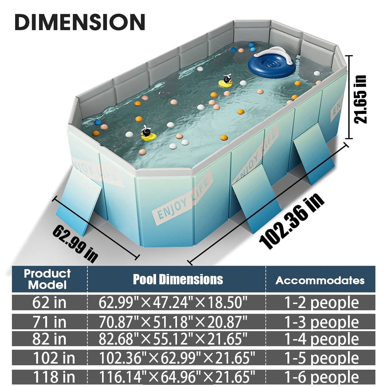 JieC 102" Foldable Swimming Pool for Home Use, Large Non-Inflatable Adults Kids Outdoor Pools for Yard, Garden, Patio, Icelandic Blue